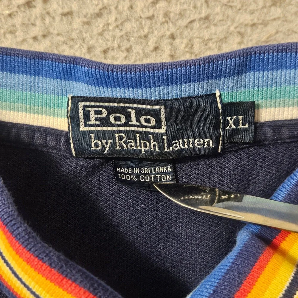 Polo Ralph Lauren Mens XL Navy Blue Rainbow Stripe Collar Quarter Zip Polo Shirt